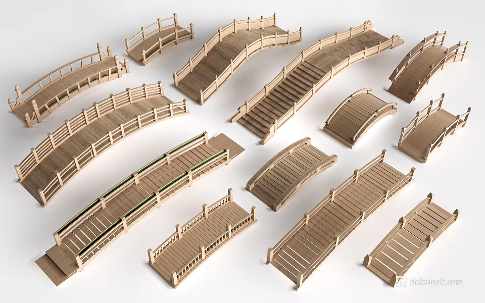 Wooden Landscape Bridge Models With Various Designs Arched And Straight Structures Featuring Railings 3d model 