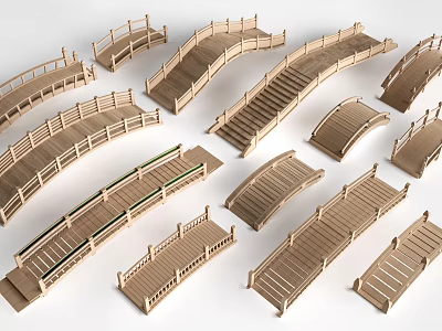 Wooden Landscape Bridge Models With Various Designs Arched And Straight Structures Featuring Railings 3d model