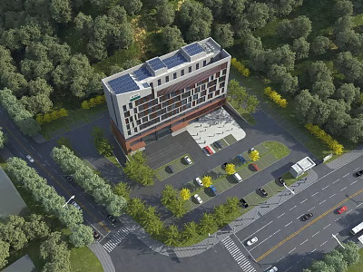 Modern Office Building with Solar Panels Surrounded by Greenery Parking Lot and Trees Near Road 3d model
