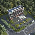 Modern Office Building with Solar Panels Surrounded by Greenery Parking Lot and Trees Near Road