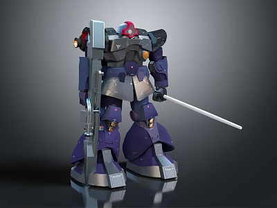 Purple Gray Mecha Robot With Red Head Holding Long Sword And Metallic Texture 3d model