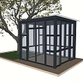 Modern Glass Pavilion Structure With Black Frame Near Green Tree And Grass Area