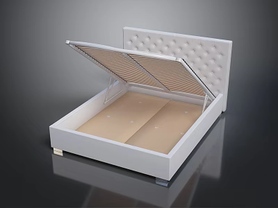 White Double Bed Frame With Tufted Headboard And Open Storage Base Design 3d model