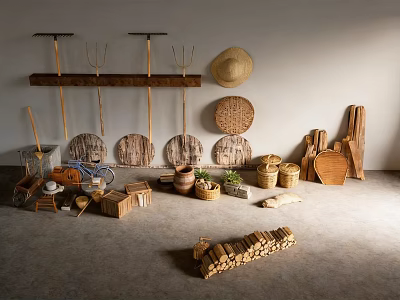Rustic Hardware Tools Display on Wall and Floor with Rakes Forks Baskets and Wooden Buckets 3d model