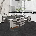 Modern Restaurant Dining Area Interior With Marble Table Chairs White Cabinets And Window Blinds