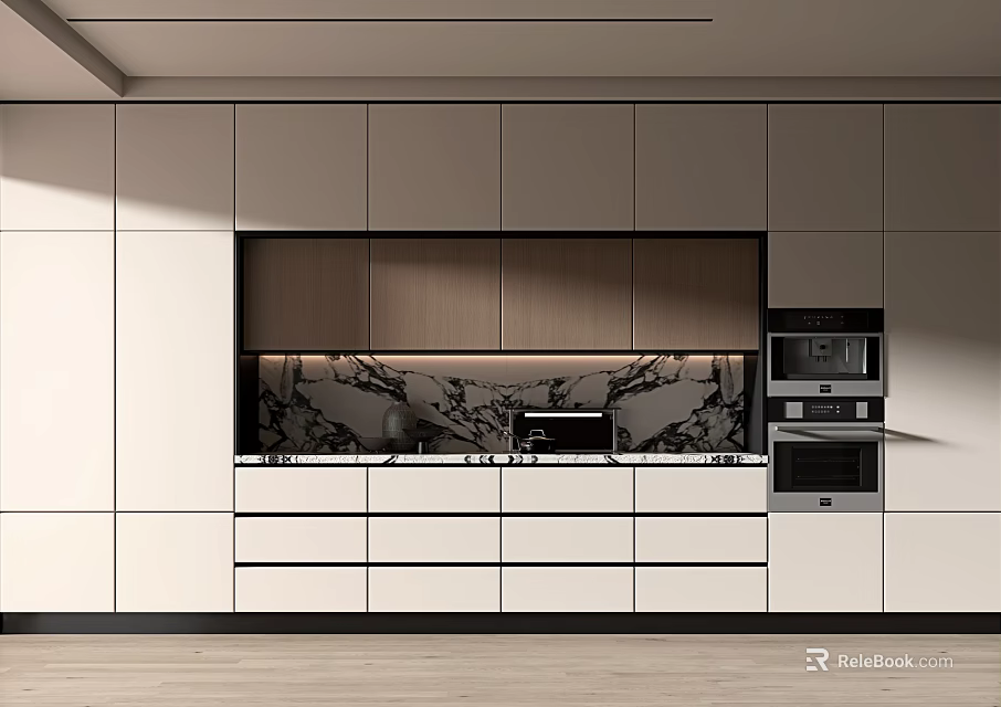 Modern Sideboard Design With Wood And White Cabinetry And Marble Countertop Surface 3d model 