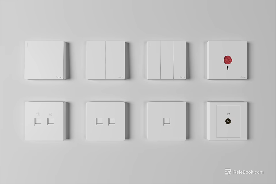 Modern White Switch Panels Featuring Various Designs Single Double Switches Red And Black Buttons 3d model 