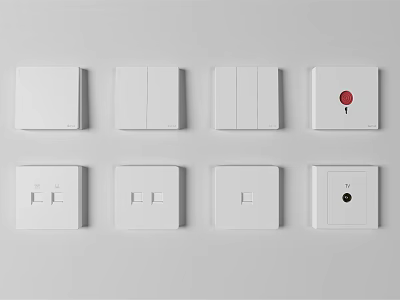 Modern White Switch Panels Featuring Various Designs Single Double Switches Red And Black Buttons 3d model