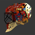 Vibrant Red And Beige Hockey Goalie Helmets Featuring Colorful Artwork And MASS LAW