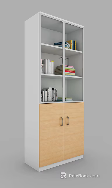 Modern Bookcase with White Open Shelves and Wooden Cabinet Doors Holding Colorful Books 3d model 