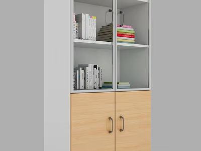 Modern Bookcase with White Open Shelves and Wooden Cabinet Doors Holding Colorful Books 3d model