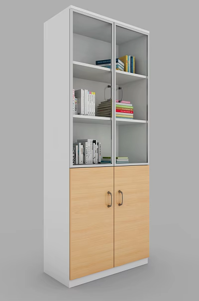 Modern Bookcase with White Open Shelves and Wooden Cabinet Doors Holding Colorful Books 3d model