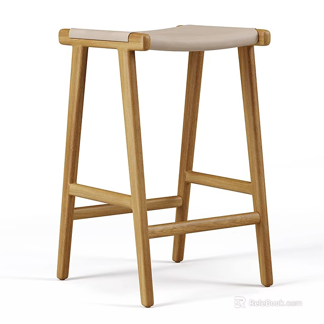 Minimalist Modern Oak Bar Stool With Beige Upholstered Seat For Kitchen Bar Counter 3d model 