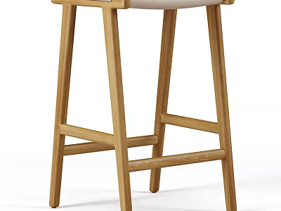 Minimalist Modern Oak Bar Stool With Beige Upholstered Seat For Kitchen Bar Counter 3d model