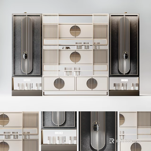 Modern Bookcase Design With Layered Shelves Geometric Elements And Circular Accents 3d model