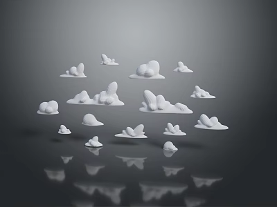 White Cloud Shaped Objects Floating On Black Background With Reflections 3d model