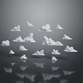 White Cloud Shaped Objects Floating On Black Background With Reflections 3d model