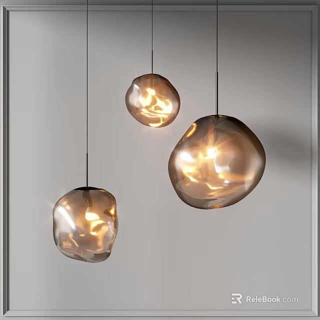 Three Modern Irregular Glass Pendant Lights With Warm Glowing Light Hanging From Ceiling 3d model