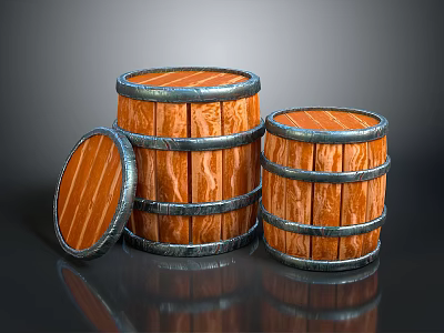 Wooden Barrels for Household with Wood Grain Metal Hoops Open Lid on Black Surface 3d model
