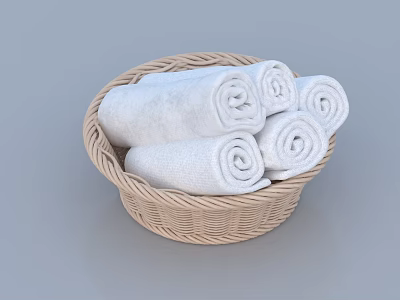 Soft White Rolled Towels in Wicker Basket for Bathroom Home Use 3d model