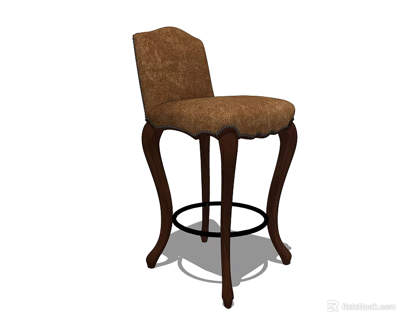 Elegant Brown Upholstered Bar Stool With Curved Backrest And Wooden Legs 3d model 
