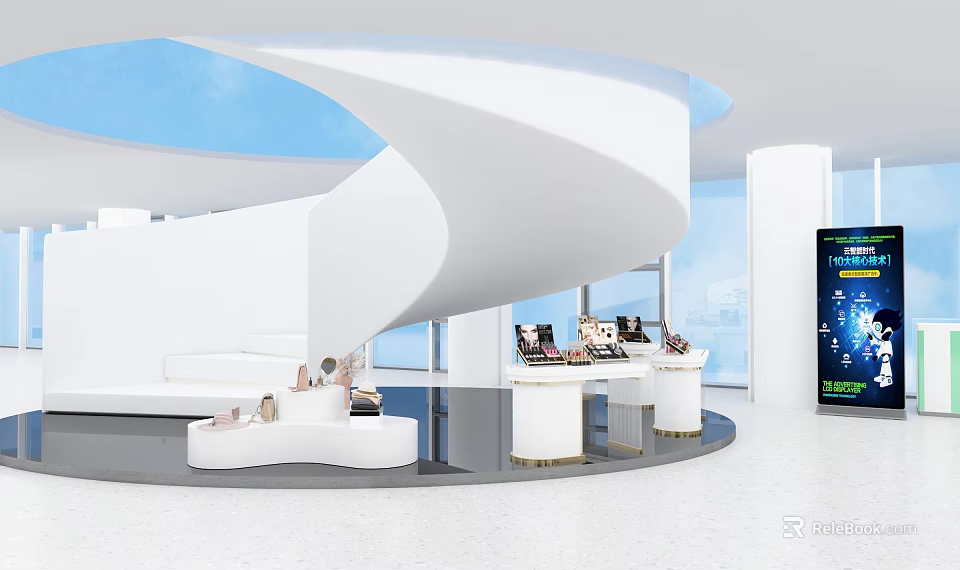 Modern Exhibition Hall With Curved White Walls Display Counters And Floor to Ceiling Windows 3d model 