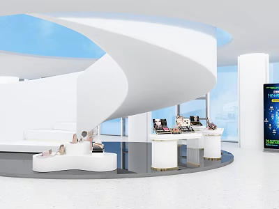 Modern Exhibition Hall With Curved White Walls Display Counters And Floor to Ceiling Windows 3d model