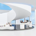 Modern Exhibition Hall With Curved White Walls Display Counters And Floor to Ceiling Windows