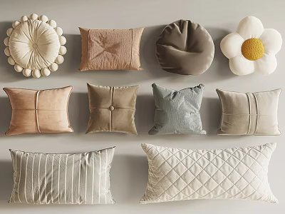 Neutral Colored Textured Decorative Pillows With Floral Round Square And Quilted Designs 3d model