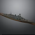 Detailed Military Battleship Model With Gray Hull Red Bottom Turrets And Antennas