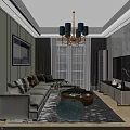 Open Design Dining and Living Room With White Cabinets Round Table Black Chairs and Chandelier