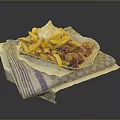 Crispy Golden Fries With Sausages And White Sauce Served On Blue White Striped Paper Tray