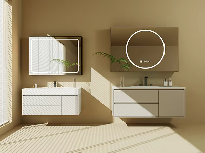 Modern Bathroom Vanity Cabinets With Square And Round Illuminated Mirrors Potted Plant And Natural Light 3d model