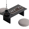 Black Tea Table Set With Gray Cushioned Stools Teacups And Small Tea Stove 3d model