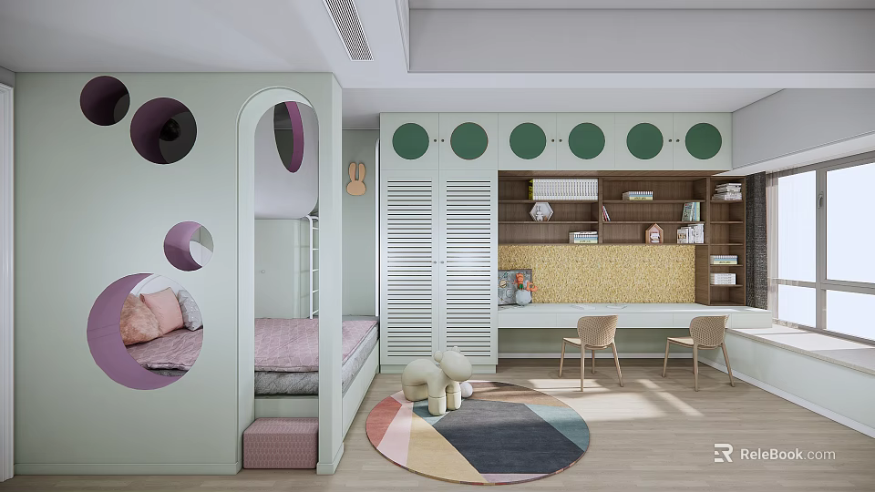 Playful Kids Room With Green Circular Cutout Bed White Louvered Cabinets Yellow Desk Colorful Rug 3d model 