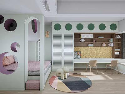 Playful Kids Room With Green Circular Cutout Bed White Louvered Cabinets Yellow Desk Colorful Rug 3d model