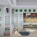 Playful Kids Room With Green Circular Cutout Bed White Louvered Cabinets Yellow Desk Colorful Rug