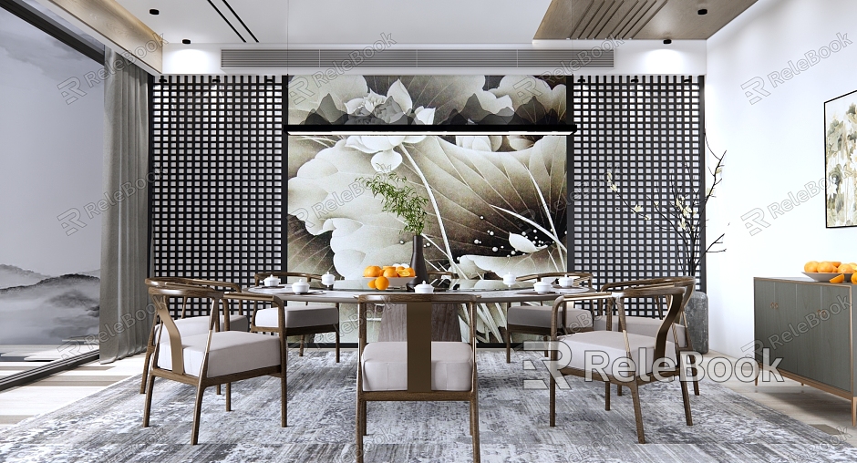 New Chinese Style Room Zen Restaurant Box Hotel Dining Room Round Dining Table and Chair Combination Grille Background Wall Art Chandelier model