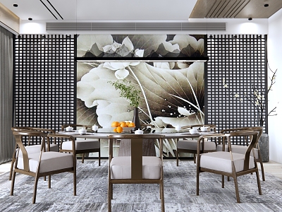 New Chinese Style Room Zen Restaurant Box Hotel Dining Room Round Dining Table and Chair Combination Grille Background Wall Art Chandelier model