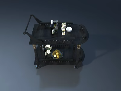 Black Wheeled Two Tier Serving Trolley With Wine Bottles Glasses And Fresh Fruits 3d model