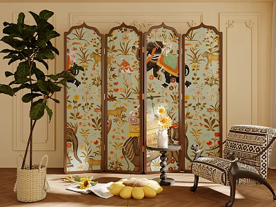 Ornate Decorative Screen With Colorful Floral Patterns In Room With Green Plant Sunflowers And Lemons 3d model