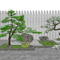 Courtyard Garden With Pine Trees Bonsai Rocks Green Grass And Striped Wall