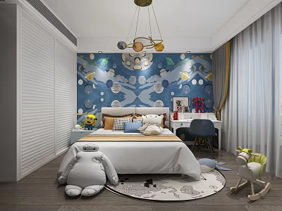 Cozy Kids Room With Blue Space Wallpaper Chandelier Bed Pillows Desk Chair And Toys 3d model