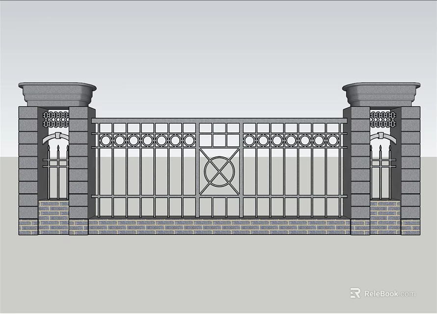 Residential Landscape Iron Gate Design With Stone Pillars And Brick Structure 3d model 