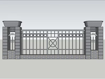 Residential Landscape Iron Gate Design With Stone Pillars And Brick Structure 3d model