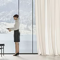 Cream Colored Floor Length Curtains By Window With Mountain Lake View And Floor Lamp