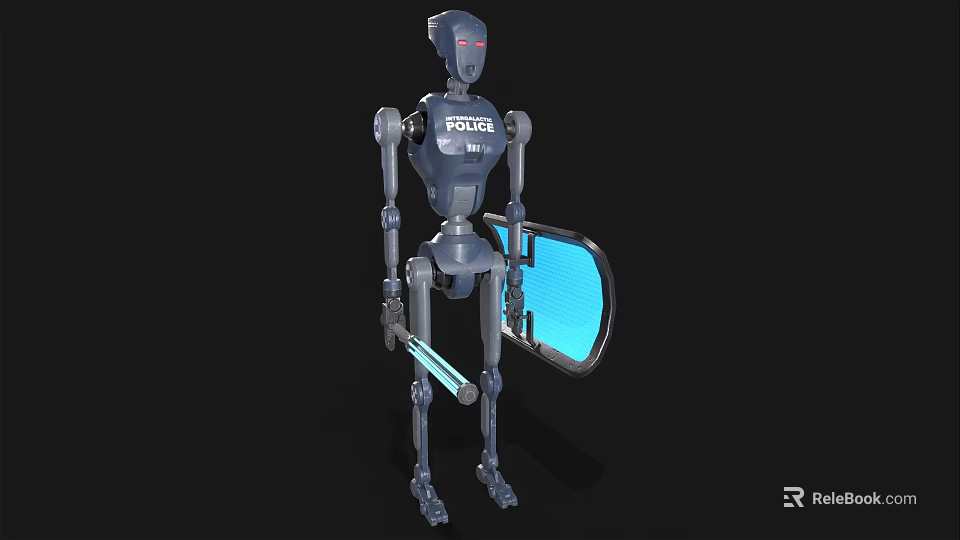 Smart Robot Police with POLICE Badge Holding Weapon and Shield on Black Background 3d model 