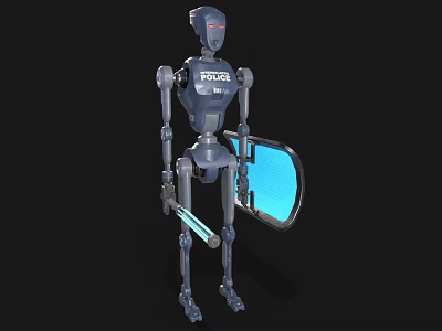 Smart Robot Police with POLICE Badge Holding Weapon and Shield on Black Background 3d model