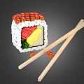 Delicious Sushi Roll Topped with Roe and Filled with Salmon Avocado Green Leaves with Chopsticks