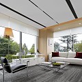 Modern Office Interior With White Bookshelves Red Chair Glass Desk Laptop And Green View